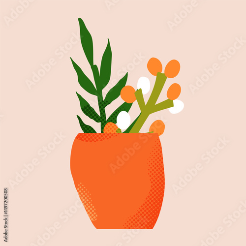 Vector paper cutout flat vase with abstract flowers bouquet in pastel tones, featuring halftone texture and collage style. Minimalist hand drawn illustration for posters, invitations, and web design