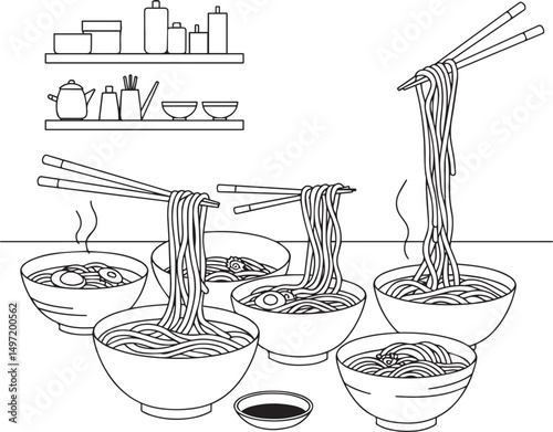 Delicious noodles in bowls chopsticks asian cuisine kitchen setting