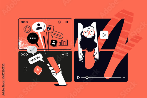 Social media and video. Set of vector illustrations for web banner, social media banner, business presentation, marketing material. 