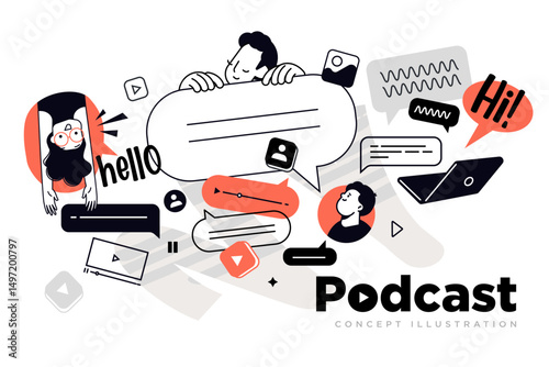 Podcast. Vector illustration for web banner, social media banner, business presentation, marketing material. 