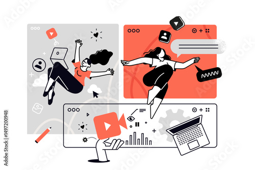 Video app and communication. Vector illustrations for web banner, social media banner, business presentation, marketing material.