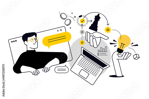 Project development, online business course. Vector illustration for web banner, social media banner, business presentation, marketing material.