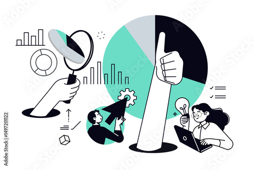 Market research and data analysis. Vector illustration for web banner, social media banner, business presentation, marketing material.