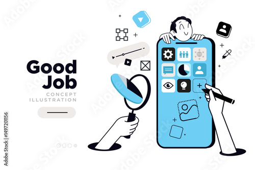 Mobile apps and services. Vector illustration for website page design, web banner, social media banner, business presentation, marketing material.