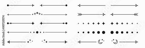 Graphic dividers and decorations, y2k aesthetics shapes and stickers. Arrows and stars, moons and circles. Vector design elements.