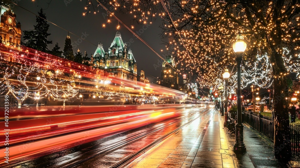 Obraz premium Night Lights Cityscape: Festive Vancouver Street Scene