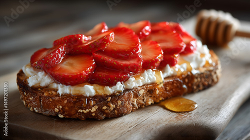 Close-up of multigrain toast topped with cottage cheese, fresh strawberry slices, and honey drizzle, served on a rustic wooden board.