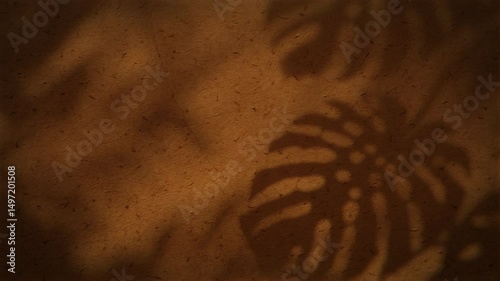 4K Seamless loop of monstera plant shadows on warm brown textured background, natural sunlight animation with copy space, ambient overlay for presentations, visual branding, motion graphics design