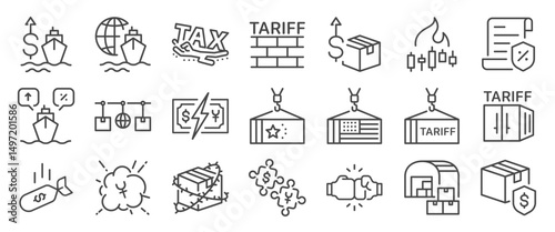 Trade war icon set. It includes tariff, trade deficit, tax, product, crisis and more icons. Editable Vector Stroke.
 photo