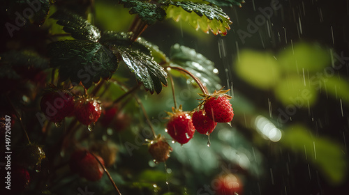 Ripe strawberries hanging from a plant in the rain, captured with moody lighting and water droplets highlighting freshness and nature’s rhythm.
