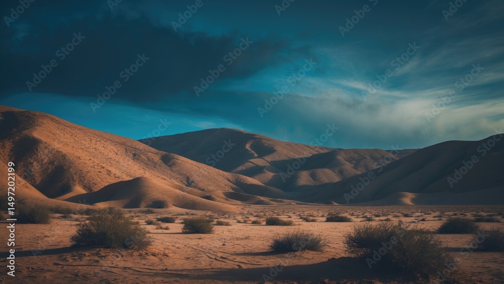Naklejka premium Arid desert landscape with hills and sparse vegetation, under a dramatic sky with clouds and sunlight.