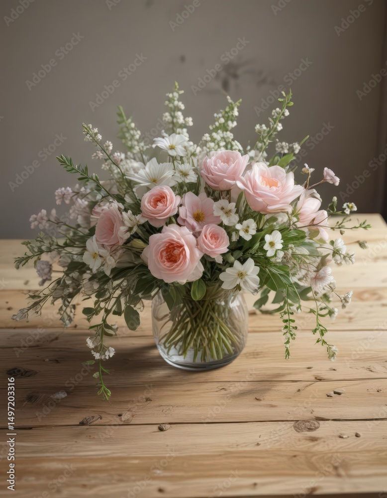 Obraz premium Delicate spring bouquet, soft light, rustic wood table, pastel, spring, white