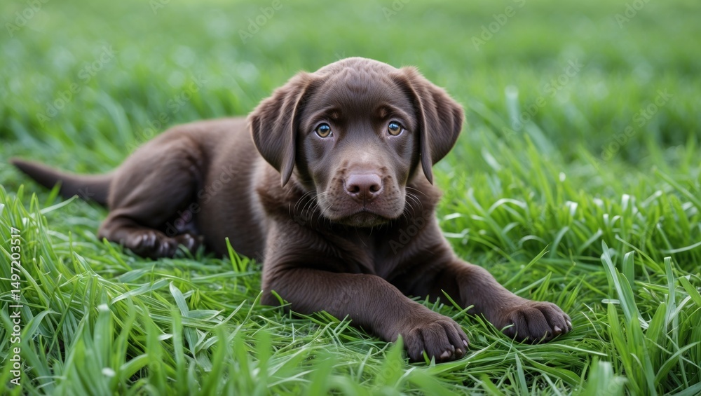 A cute brown Labrador puppy lying on green grass outdoors. A cute brown Labrador puppy lying on green grass outdoors.