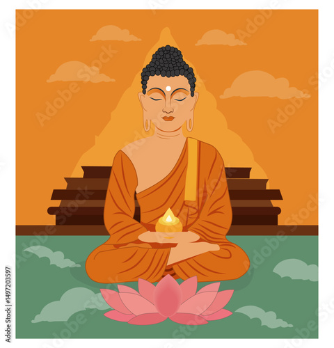 Detailed Happy Buddha Purnima Illustrations with Meditation and Symbolic Setting-08