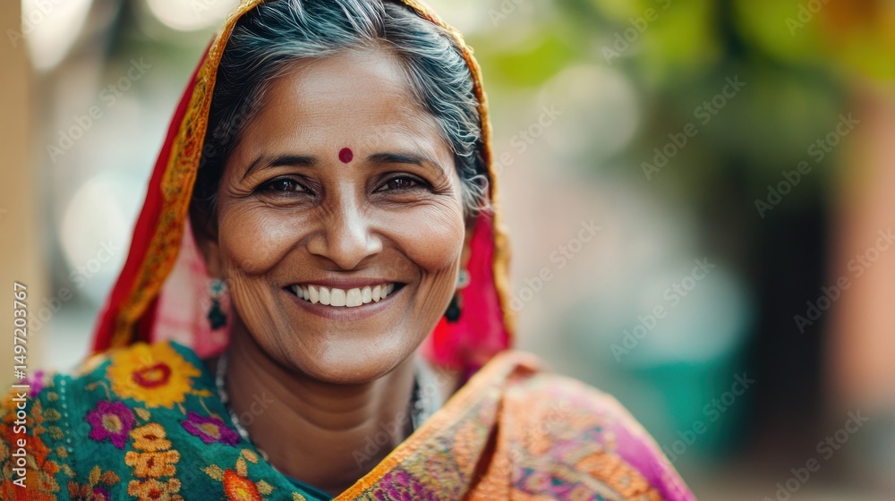 Fototapeta premium Close-up portrait of a smiling older woman, wearing a colorful headscarf. Warm, friendly expression