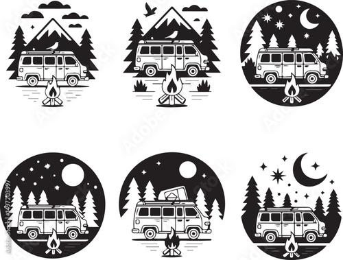 Tent Under Starry Sky Silhouette

Campfire by the Lake Vector Scene

Hiker Resting at Campsite Design

Family Camping in Forest Silhouette

Nighttime Tent Adventure Vector