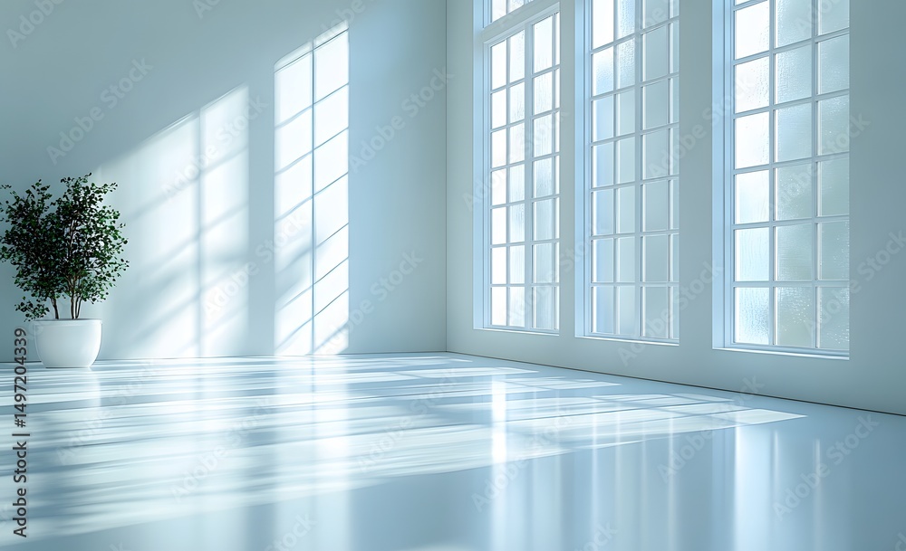Fototapeta premium Serene Minimalist Room with Sunlight Streaming Through Paned Win
