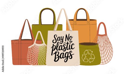Modern vector illustration of various reusable shopping bags, easily scalable and editable.