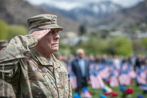 Soldiers salute near rows of American flags in a cemetery, as families place flowers on graves beneath a cloudy sky.