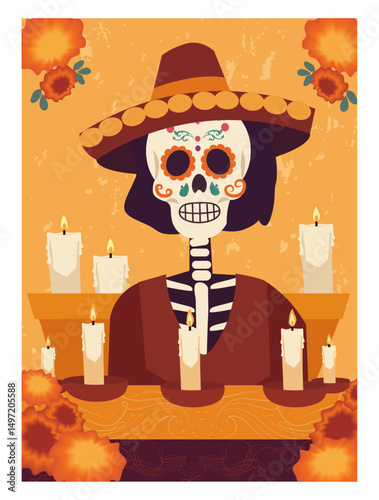 Colorful Day of the Dead Illustrations with Sugar Skulls, Marigolds, and Candles-01