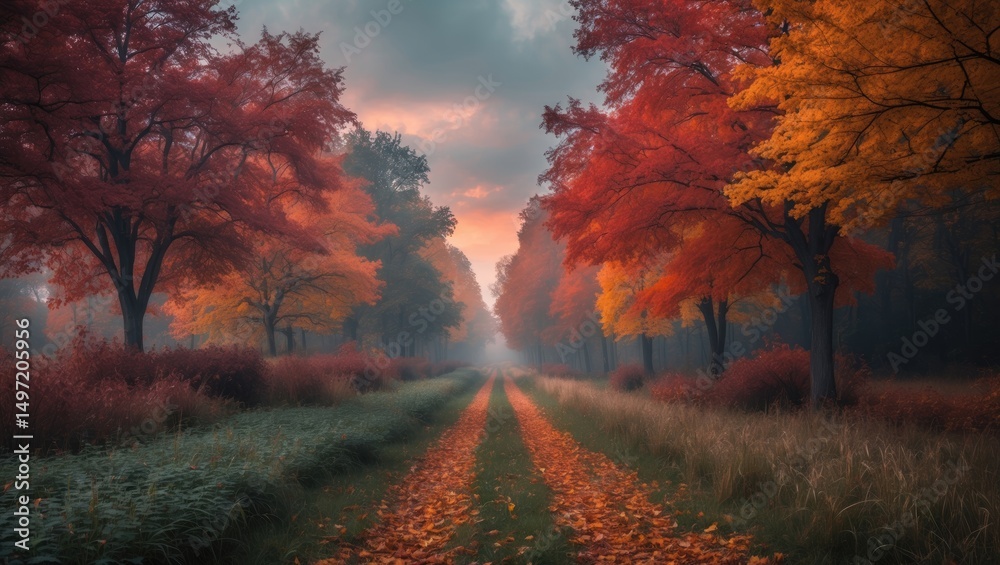 Fototapeta premium Autumn forest path with colorful trees and fallen leaves during sunset. Nature scene. Scenic landscape. The concept of fall foliage and outdoor scenery