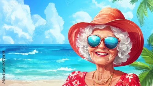 Elderly Woman Smiling at the Beach with Ocean Waves in the Background