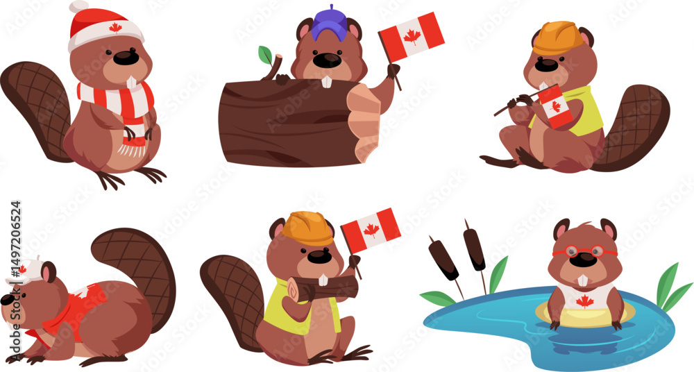 Fototapeta premium Cute beavers with Canadian flag and clothes, vector cartoon collection of rodent animal, wild fauna patriotic character
