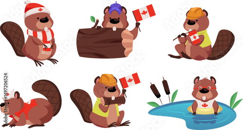Cute beavers with Canadian flag and clothes, vector cartoon collection of rodent animal, wild fauna patriotic character
