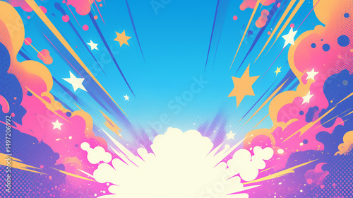 Vibrant abstract pop art image with exploding clouds, stars and splashes of color against a blue sky.