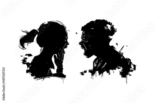 Silhouettes of two people facing off and yelling, depicted in an abstract ink splash style on a plain white background, concept of conflict, divorce, conflict and misunderstanding in family