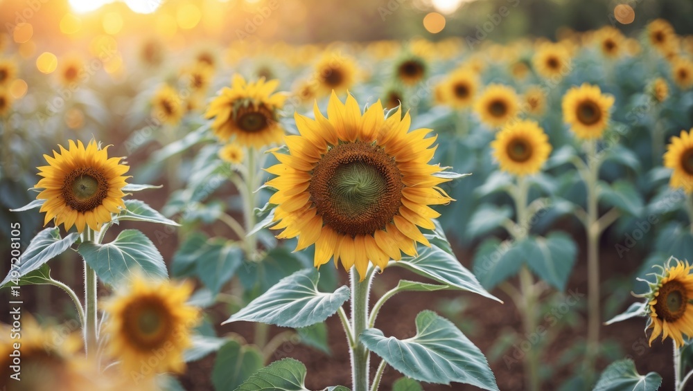 Fototapeta premium Sunflower field during sunset, vibrant yellow blooms, lush green leaves, warm lighting, nature scene, floral landscape.