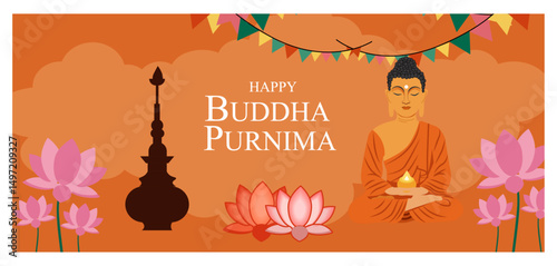 Peaceful Happy Buddha Purnima Illustrations with Buddha and Lotus Flowers-01