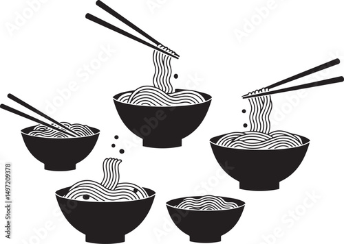 Delicious noodles in bowls with chopsticks asian cuisine food illustration