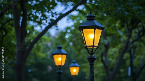 Illuminated Park Pathway: A Serene Evening Scene