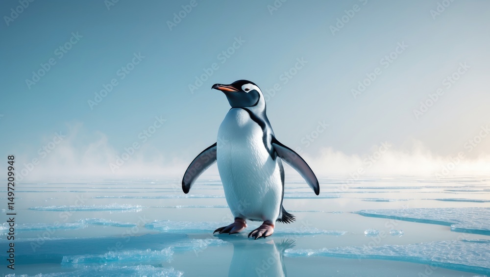 Obraz premium Penguin standing on ice in a cold, icy landscape.