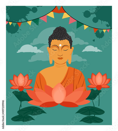 Peaceful Happy Buddha Purnima Illustrations with Buddha and Lotus Flowers-03