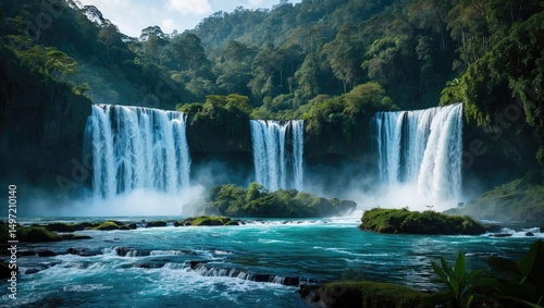 Lush jungle with waterfalls cascading into a river, surrounded by dense greenery. Nature landscape scene with water, forest, and mountains.