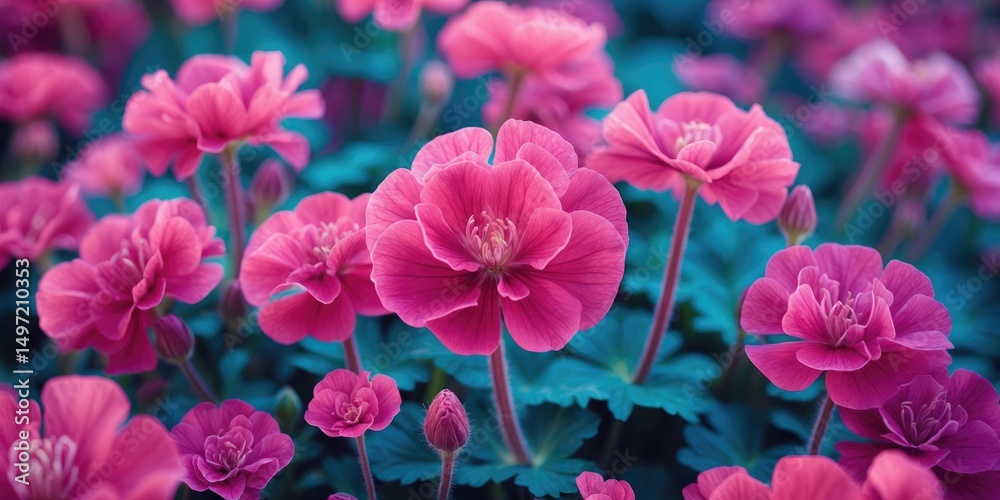 Fototapeta premium Pink flowers in full bloom, vibrant garden, floral scenery, beautiful blossoms, lush green background, nature, and springtime.