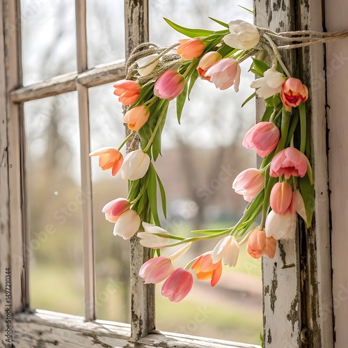 Tulip Garland Hanging on a Window in Spring Breeze, tulip garland, spring floral window, swaying flowers, romantic bloom chain, pastel tulips, awe, surreal, magical, artistic, spectacular, visual