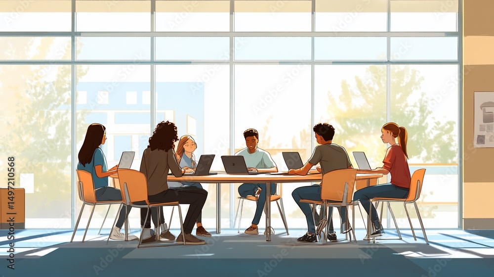 Diverse students collaborate on laptops around a circular table in a bright classroom near large windows. Diverse students collaborate on laptops around a circular table in a bright classroom near large windows.
