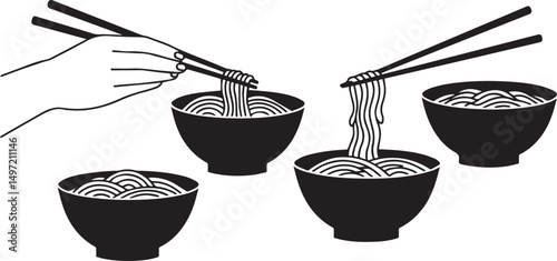 Hand holding chopsticks adding noodles to bowls of ramen
