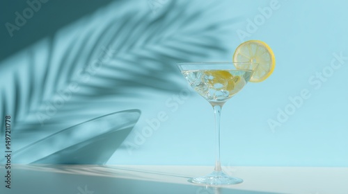 Martini glass with lemon slice and ice cubes on a table, set against a blue swimming pool, with a light, white, and sky-blue color scheme, soft lighting, simple design, minimalist composition