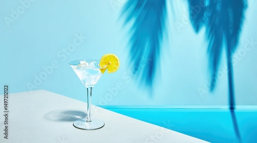 Martini glass with lemon slice and ice cubes on a table, set against a blue swimming pool, with a light, white, and sky-blue color scheme, soft lighting, simple design, minimalist composition