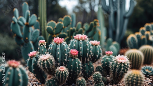 A variety of cacti with pink flowers in a desert garden. photo