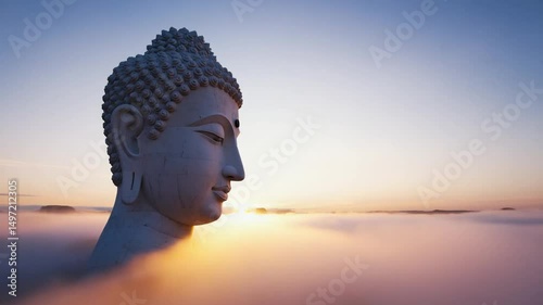 A serene Buddha statue in profile against a backdrop of a warm sunset, conveying peace, spirituality, and meditation. Ideal for wellness, spiritual, and travel themes.