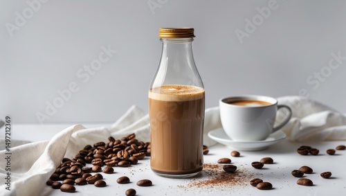 Vintage bottle of coffee-flavored milk from 1926 with coffee beans and a cup on a light background.