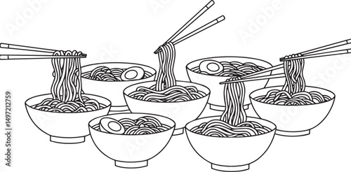 Delicious ramen noodles in bowls chopsticks asian food