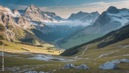 Scenic mountain landscape with glaciers, green valleys, and rocky peaks under a partly cloudy sky. photo