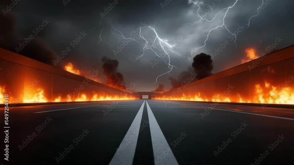 Dramatic dark road with double line flanked by intense fire, flame, and smoke under stormy sky with bright lightning creating powerful atmosphere on asphalt