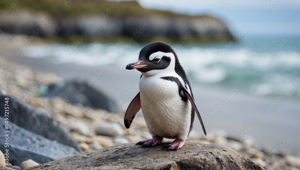 Fototapeta premium A baby penguin standing on a rock near the shoreline. Wildlife and animals, nature and environment. The young penguin on a rocky beach with ocean in the background.